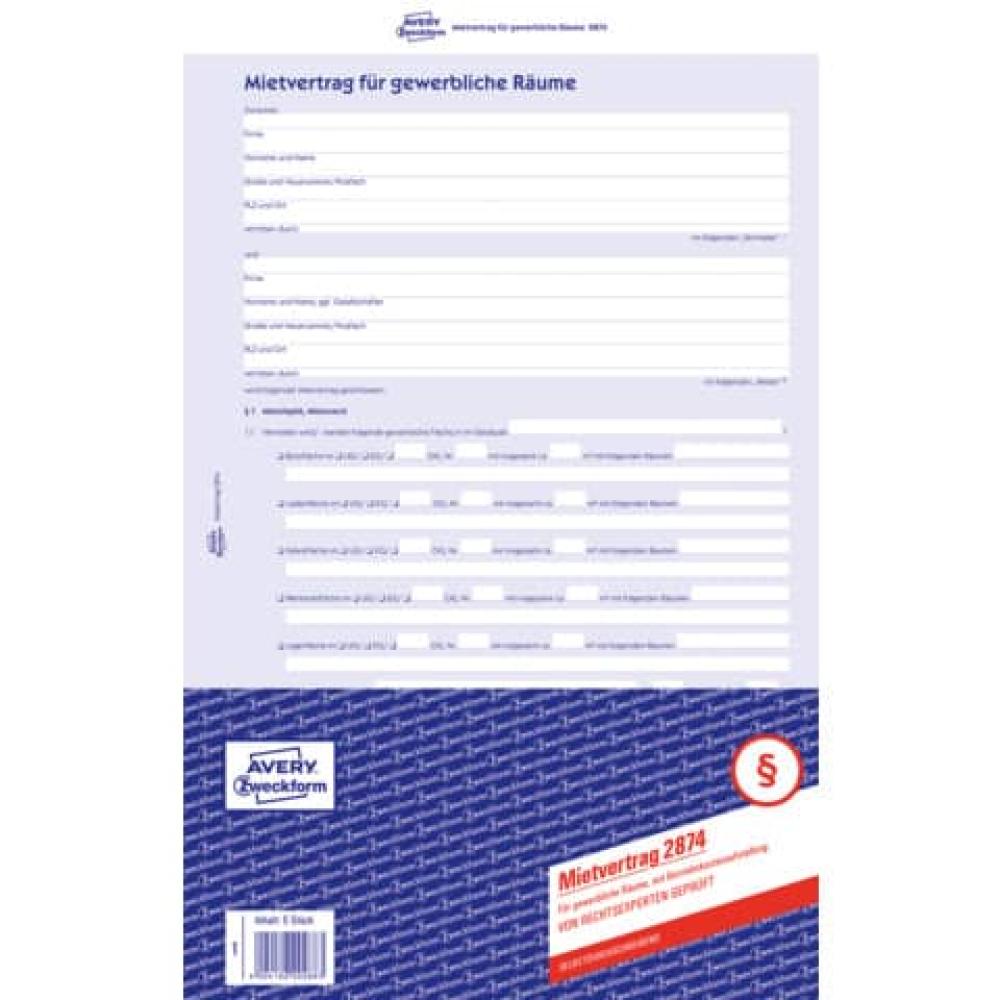 Mietvertrag gewerbliche Räume DIN A4, selbstdurchschreibend 1 Pack = 5 Stück blau AVERY ZWECKFORM 2874 (4004182028742)