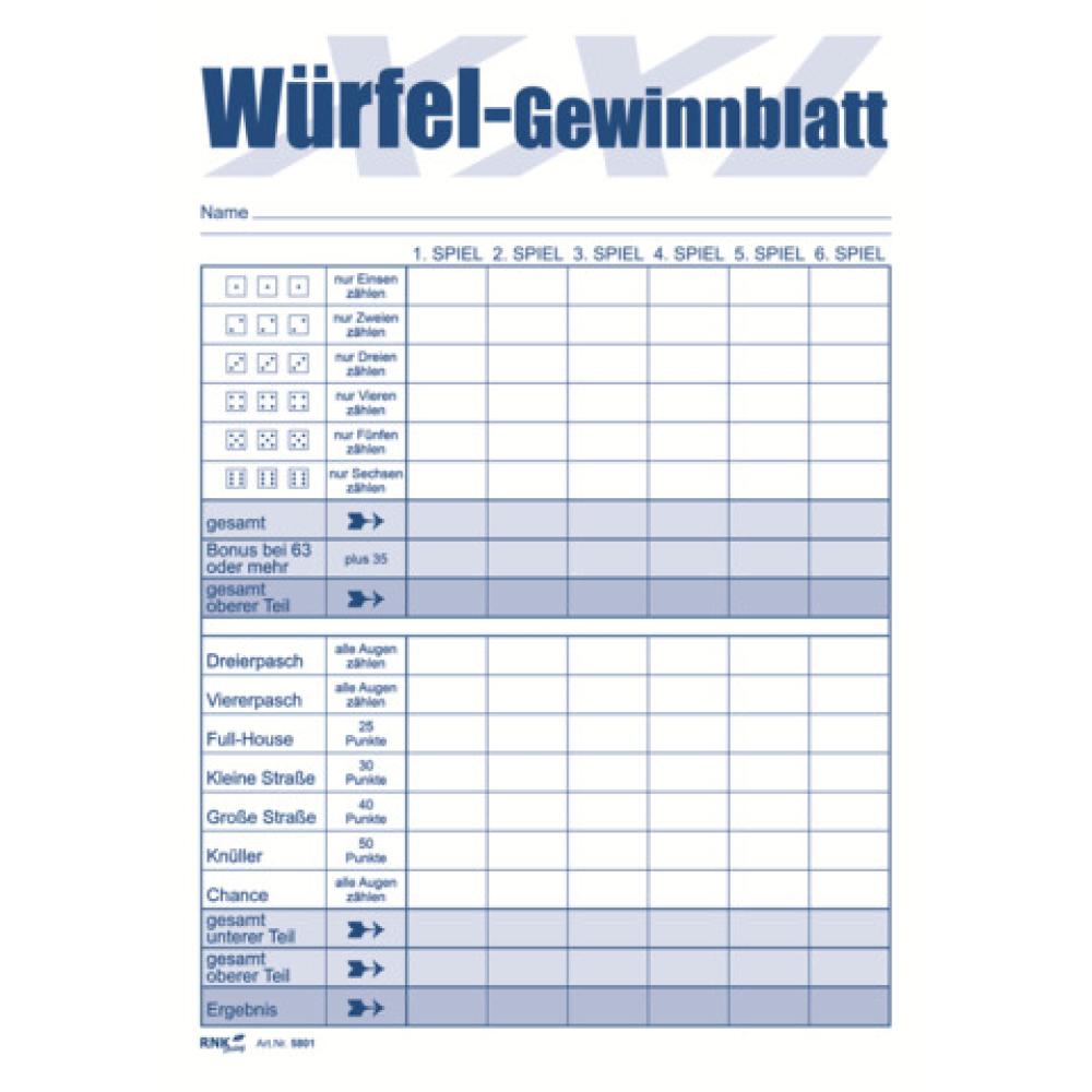 Würfelspiel-Gewinnblatt XXL Block DIN A5, 2x85 Blatt RNK 5801 (4002871580106)