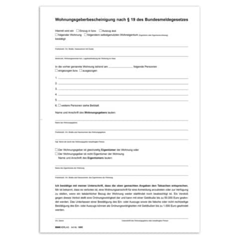 Wohnungsgeberbescheinigung nach § 19 Bundesmeldegesetz (BMG) 2 Seiten DIN A4 RNK 1665 (4002871016650)
