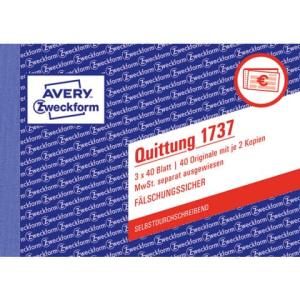 Quittung MwSt. separat ausgewiesen A6 quer SD fälschungssicher 3x40 Blatt weiß gelb rosa AVERY ZWECKFORM 1737 (400418201