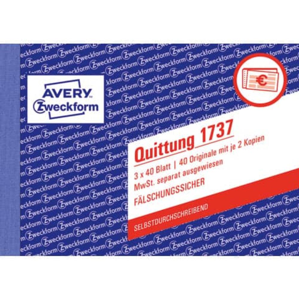 Quittung MwSt. separat ausgewiesen A6 quer SD fälschungssicher 3x40 Blatt weiß gelb rosa AVERY ZWECKFORM 1737 (400418201