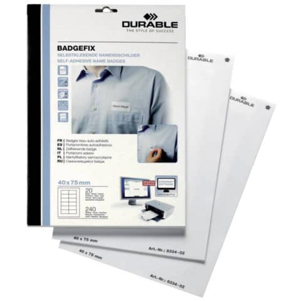 Selbstklebe-Namensschild BADGEFIX Acetatseide weiß 75x40 mm 240 Schilder DURABLE 8334 02 (4005546806662)