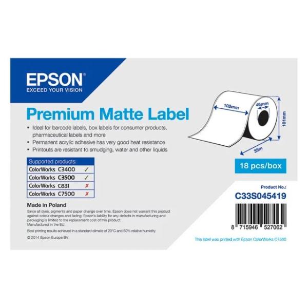 C33S045419 EPSON Etikettenrolle 102mm 35 Meter weiss premium matt