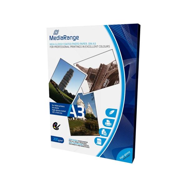 DIN A3 Fotopapier für Tintenstrahldrucker hochglänzend 200g 50 Blatt MEDIARANGE MRINK109 (4260283116522)