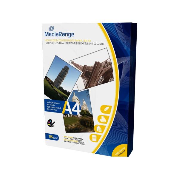 DIN A4 Fotopapier für Tintenstrahldrucker hochglänzend 135g 100 Blatt MEDIARANGE MRINK107 (4260283115631)