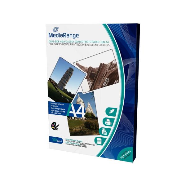 DIN A4 Fotopapier für Tintenstrahldrucker beidseitig hochglänzend 160g 50 Blatt MEDIARANGE MRINK108 (4260283115785)
