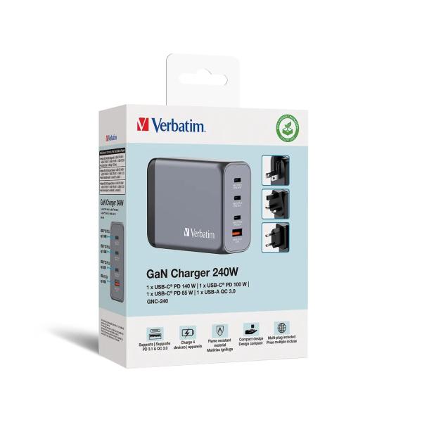 32205 VERBATIM GNC-240 USB Ladegeraet 240 W GaN USB-A USB-C 1xUSB-A+3x-USB-C