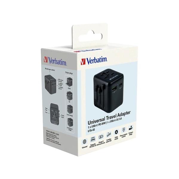 Ladeadapter Universal Travel UTA-02, Anschlüsse für USB Typ-A C & Stromstecker schwarz VERBATIM 49544 (0023942495444)