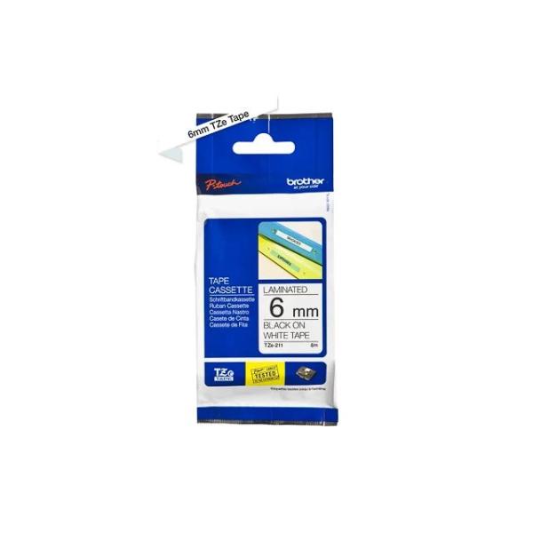 TZE211 BROTHER PT Schriftband 6mm weiss schwarz 8 Meter laminiert