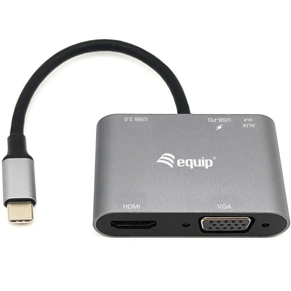Equip Dock USB-C->HDMI.VGA.USB3.0.AUX.100WPD 15cm sw 133483