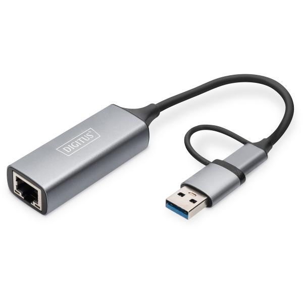 USB Type-C Gigabit Ethernet Adapter, USB-C + USB A DIGITUS DN-3028 (4016032473572)