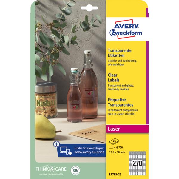 Crystal Clear Etiketten, 63, 5 x 38, 1 mm AVERY Zweckform L7782-25 (4004182252543)