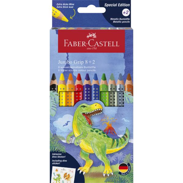 Buntstifte Jumbo GRIP Dino 8+2 Farben Kartonetui inkl. Dinosticker FABER CASTELL 110922 (4005401109228)