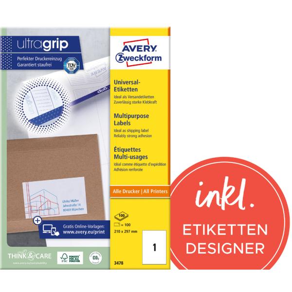 Universal-Etiketten ultragrip 105x148 mm weiß 400 Etiketten permanent AVERY ZWECKFORM 3483 (4004182034835)