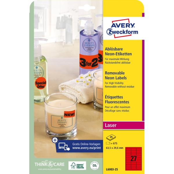 Stick&Lift Etiketten, 63, 5 x 29, 6 mm, gelb AVERY Zweckform L6004-25 (4004182608456)