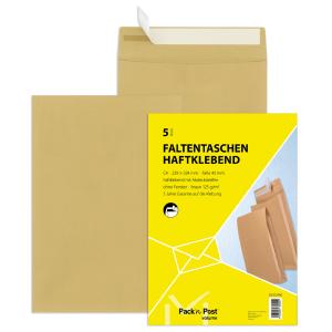 Faltentaschen B4, ohne Fenster 40 mm-Falte Klotzboden haftklebend braun 130 g qm 5 Stück MAILMEDIA 30002521 (40039283900