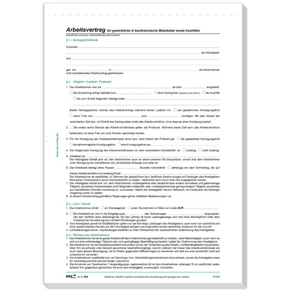 Vordruck Arbeitsvertrag gewerblich/ kaufmännisch RNK Verlag 502-10 (4002871050210)