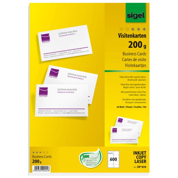 Visitenkarten microperforiert satiniert200 g qm hochweiß 600 Stück SIGEL DP939 (4004360924248)