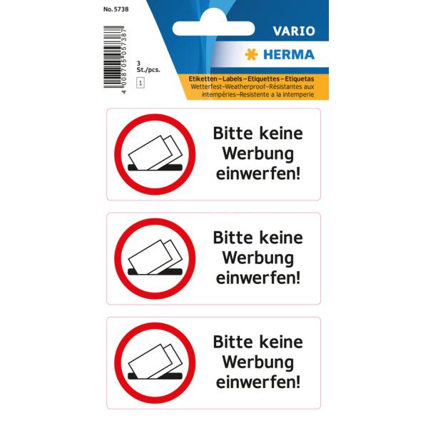 Herma Hinweisetiketten 5738 Keine Werbung, Schwarz 79,0 X 34,0 Mm, 3 Etiketten (4008705057387)