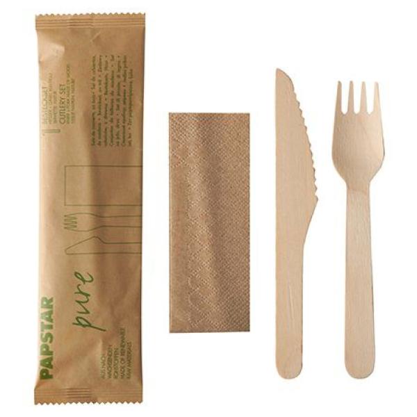 Besteckset Holz pure 50 Sets Messer Gabel Serviette in Papierbeutel PAPSTAR 88229 (4002911837306)