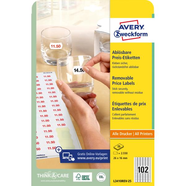 Avery Zweckform Preisetiketten Weiß Ablösbar 26,0 X 16,0 Mm, 25 Blatt L3410REV-25 (4004182634103)