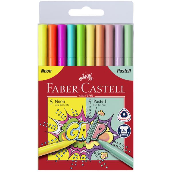 FABER-CASTELL Fasermaler GRIP Neon + Pastell, 10er Etui Faber-Castell 155312 (4005401553120)