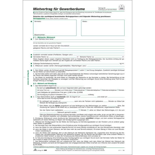 Vordruck 'Mietvertrag für Gewerberäume', DIN A4 RNK Verlag 598/10 (4002871059817)