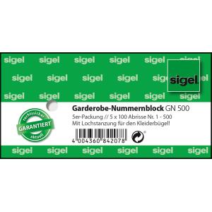 Garderobe-Nummernblock nummeriert 1-500, 105x50 mm 5x100 Stück 2-fbg. sortiert SIGEL GN500 (4004360842078)