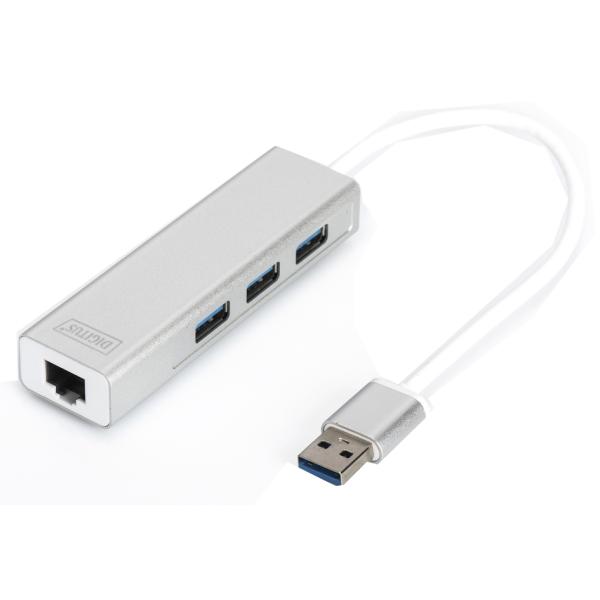 USB 3.0 Hub & Gigabit LAN Adapter, 3-Port DIGITUS DA-70250-1 (4016032423836)