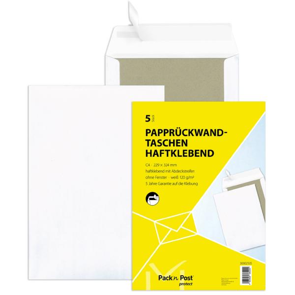 Papprückwandtaschen C4, ohne Fenster 120 g qm weiß 5 Stück MAILMEDIA 30002505 (4003928385200)