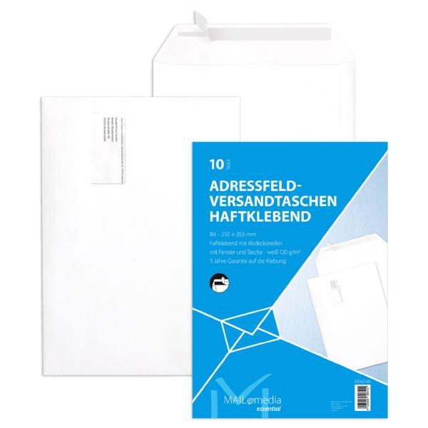 Versandtaschen B4, mit Adressfeldtasche haftklebend 120 g qm weiß 10 Stück MAILMEDIA 30002546 (4003928396114)