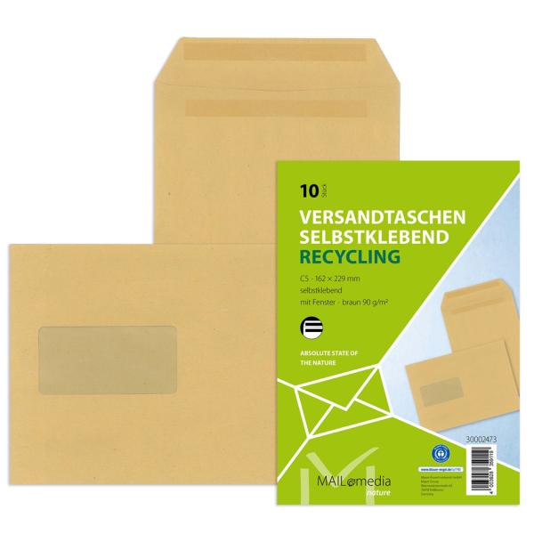 Versandtaschen Recycling C4 mit Fenster selbstklebend 90 g qm braun 10 Stück MAILMEDIA 30002517 (4003928389116)