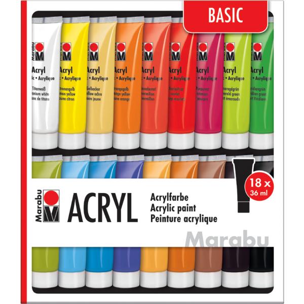 18 Marabu Basic Acrylfarben Farbsortiert 18 X 36,0 Ml 1210000000201 (4007751626882)