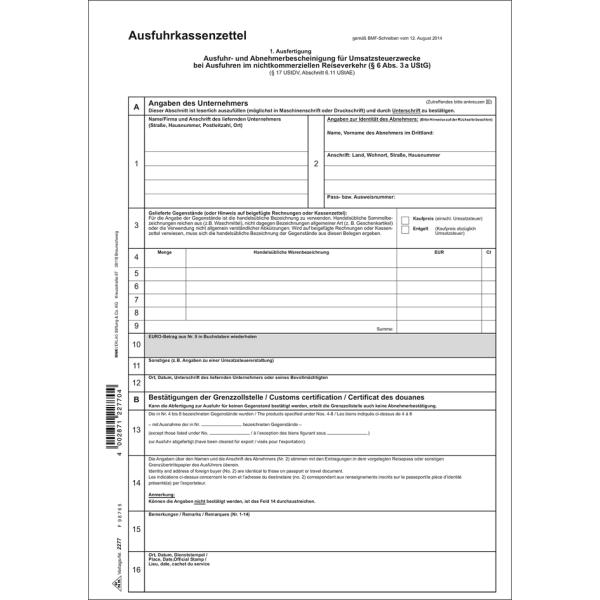 Vordruck 'Ausfuhrkassenzettel', DIN A4, SD RNK Verlag 2277 (4002871227704)
