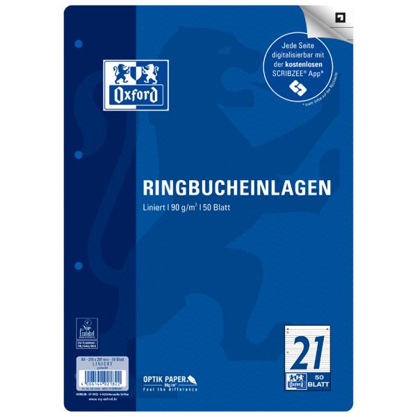Ringbucheinlage LIN25 A4, liniert 90g qm 4-fach gelocht 50 Blatt OXFORD 400131468 (4006144021907)