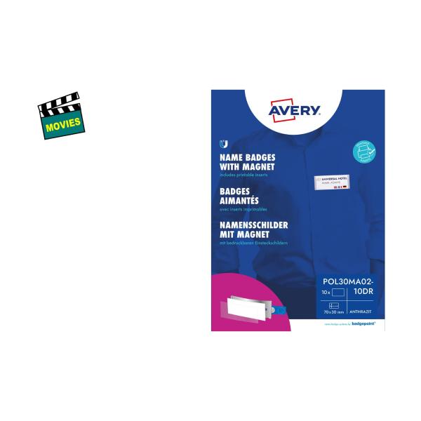 Namensschild, 70 x 30mm, anthrazit, 10er Set AVERY Zweckform POL30MA02-10DR (4260320190379)