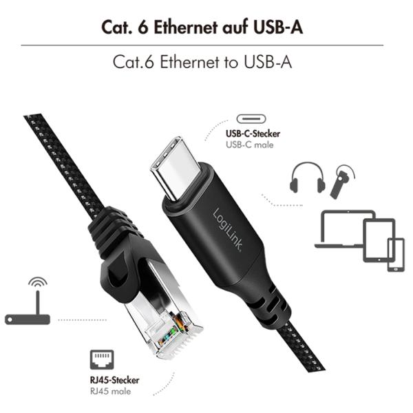 USB 3.2 Ethernet-Kabel, USB-C - RJ45 Stecker, 2, 0 m LogiLink CU0412 (4052792075243)