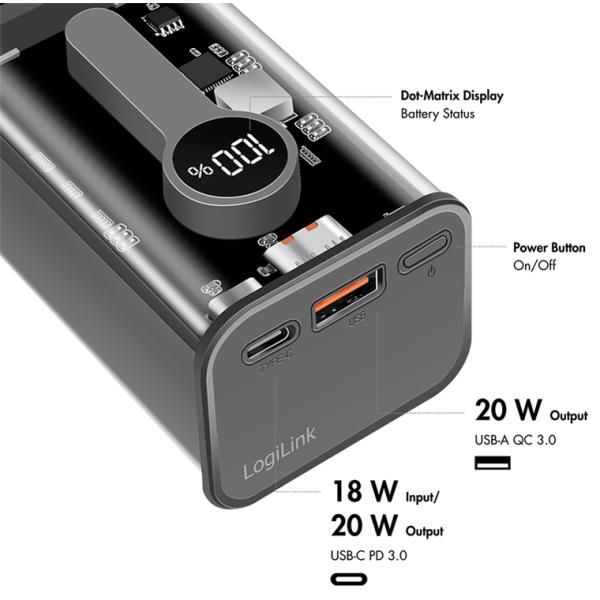 Powerbank mit Display, 10.000 mAh, schwarz LogiLink PA0306 (4052792070040)