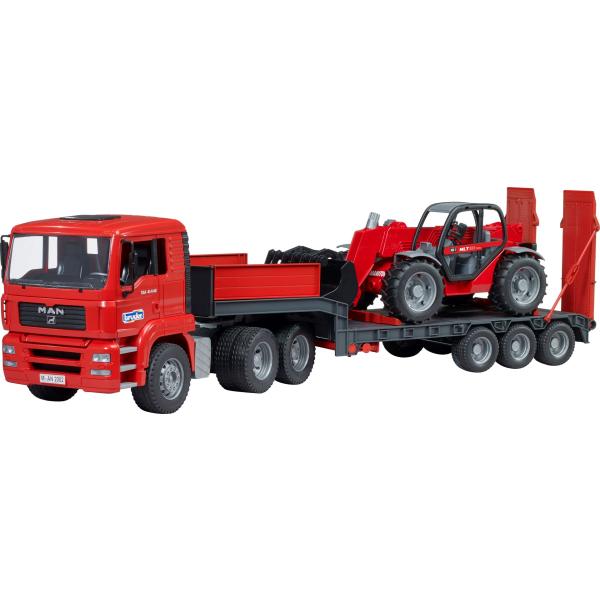 bruder Tieflader MAN TGA mit Lader Manitou rot 1:16
